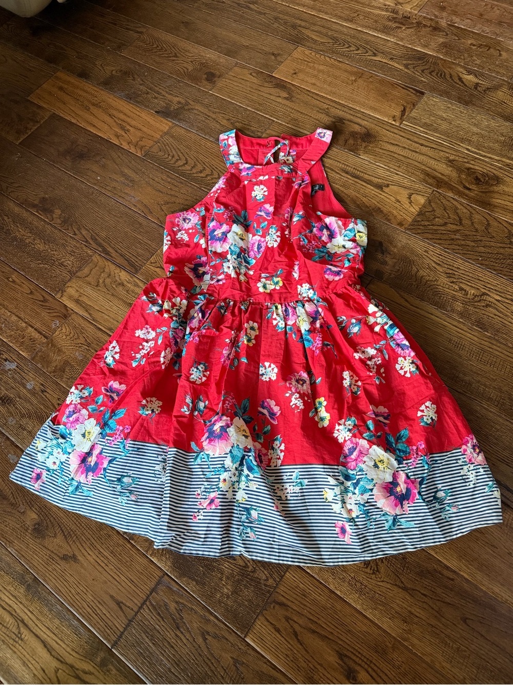 Trixxi Red Floral Fit-and-Flare Dress with Striped Hem Size XL